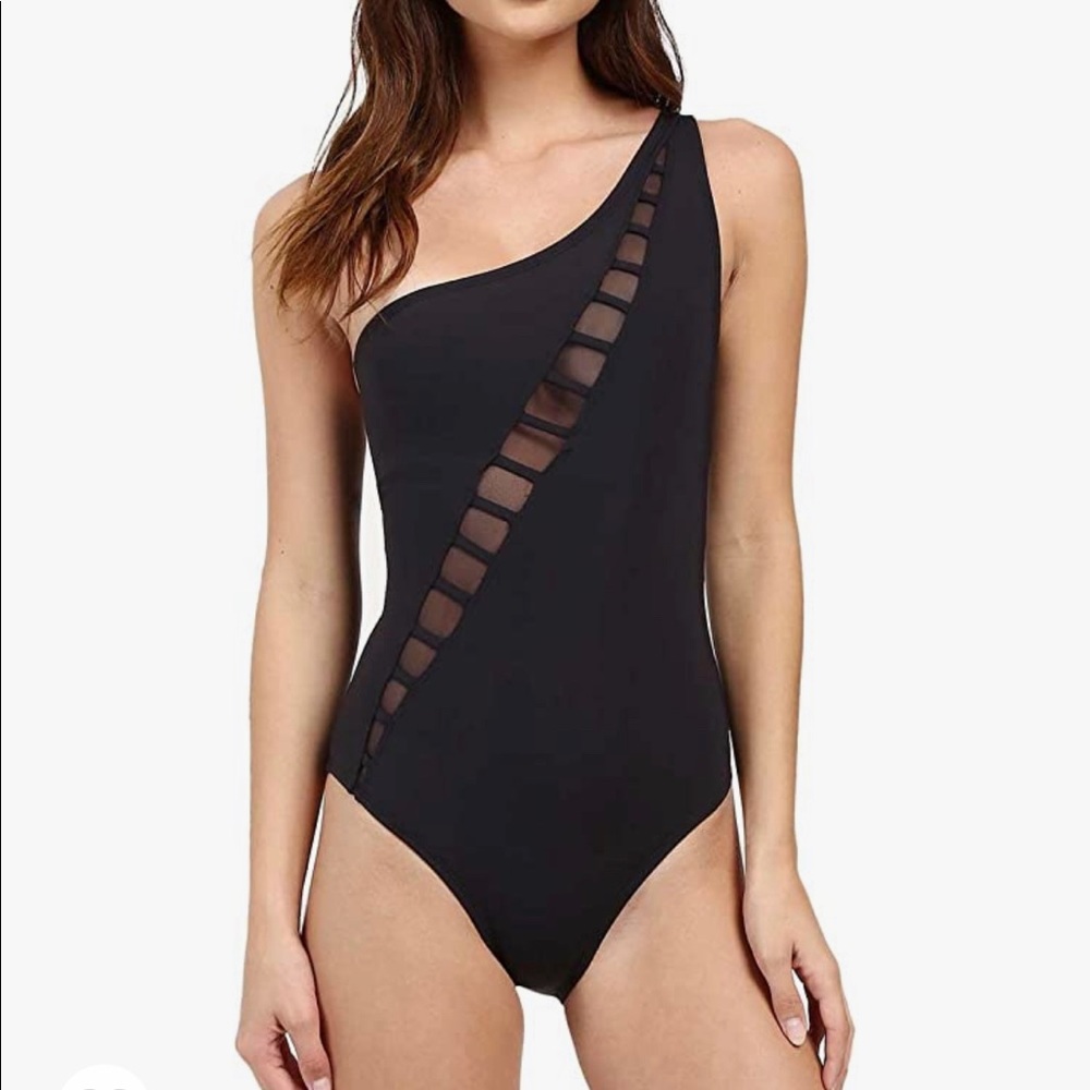 Bleu Rod Beattie black one shoulder swimsuit “Meshing Around Asymmetrica…